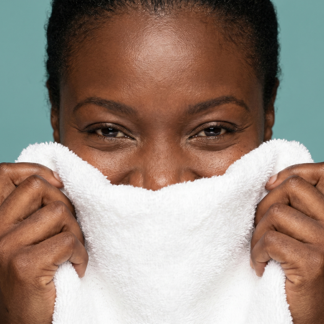 Black woman with white towel covering part of her face