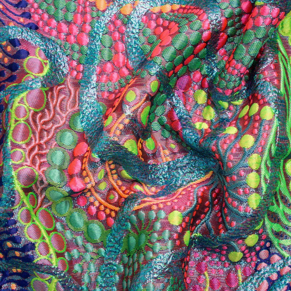 Image of Metallic Blue, Pink and Green Organic Flow Luxury Brocade