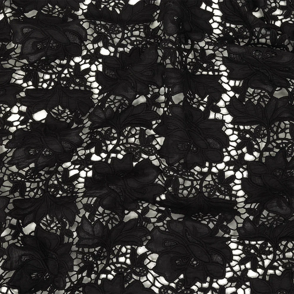 Image of Famous Australian Designer Black Floral Guipure Lace with Scalloped Edges