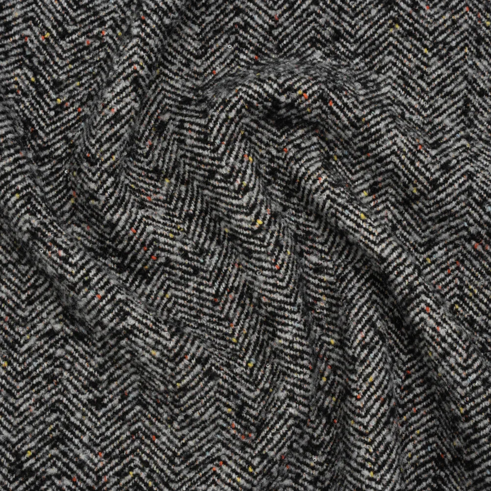 Image of Wool Blend Chevron Twill Tweed with Clear Baby Sequins - Black and White with Rainbow Flecks