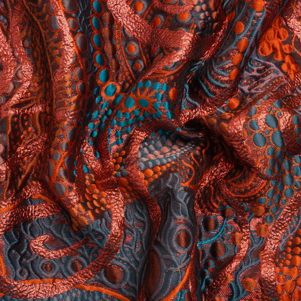 Image of Metallic Red, Burnt Orange and Navy Organic Flow Luxury Brocade