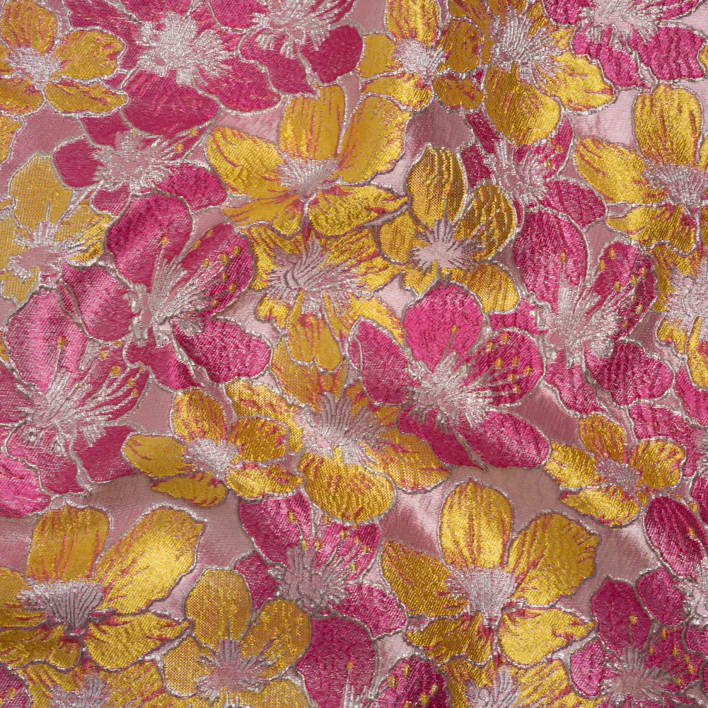 Image of Metallic Brocade - Bright Pink, Yellow and Silver Floating Blossoms