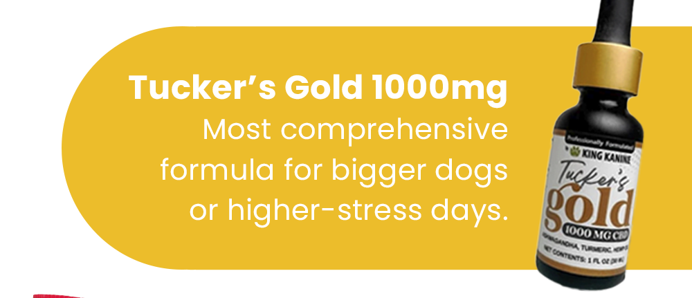 Tucker’s Gold 1000mg Most comprehensive formula for bigger dogs or higher-stress days.