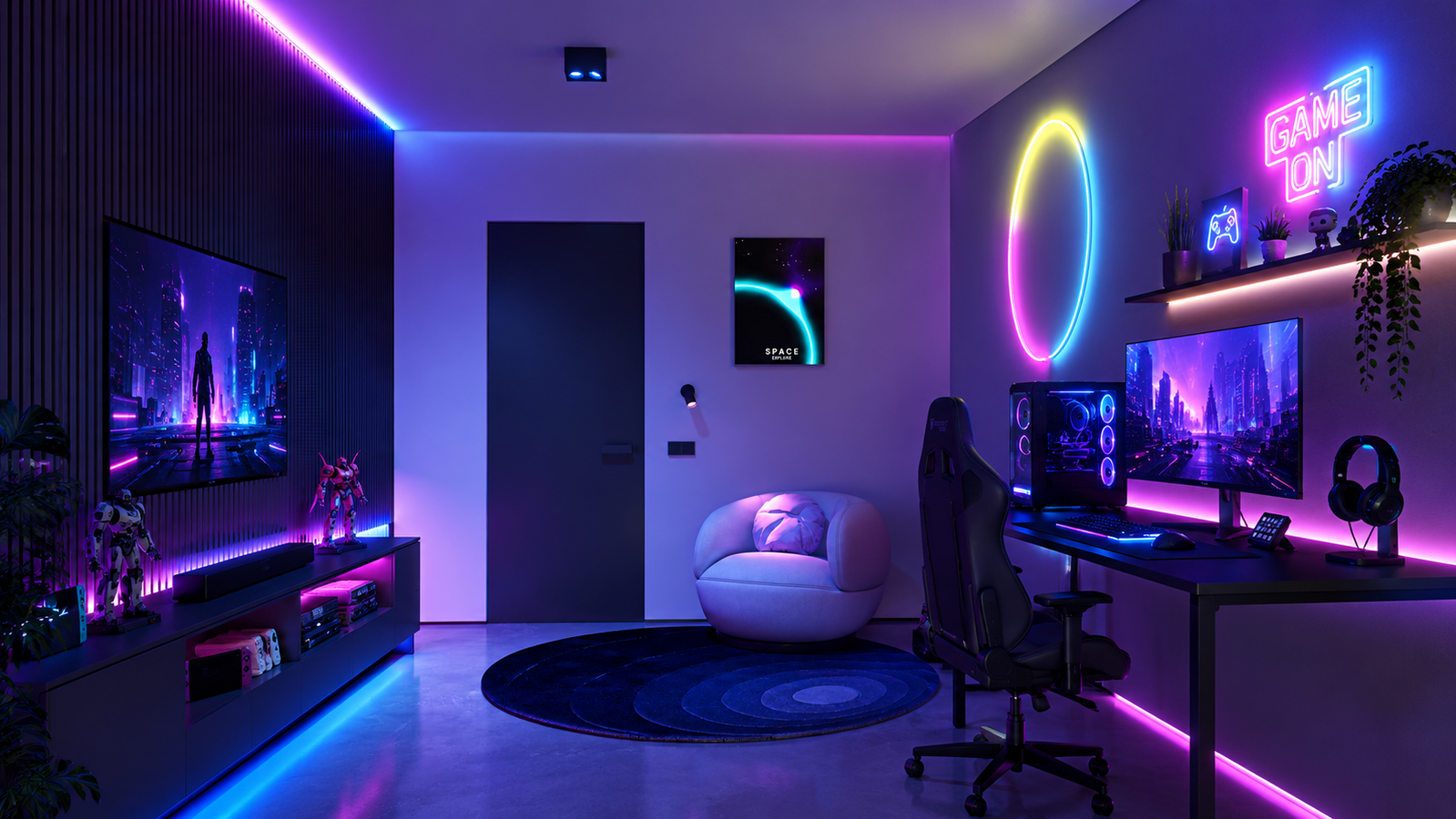 Image of a lit-up games room