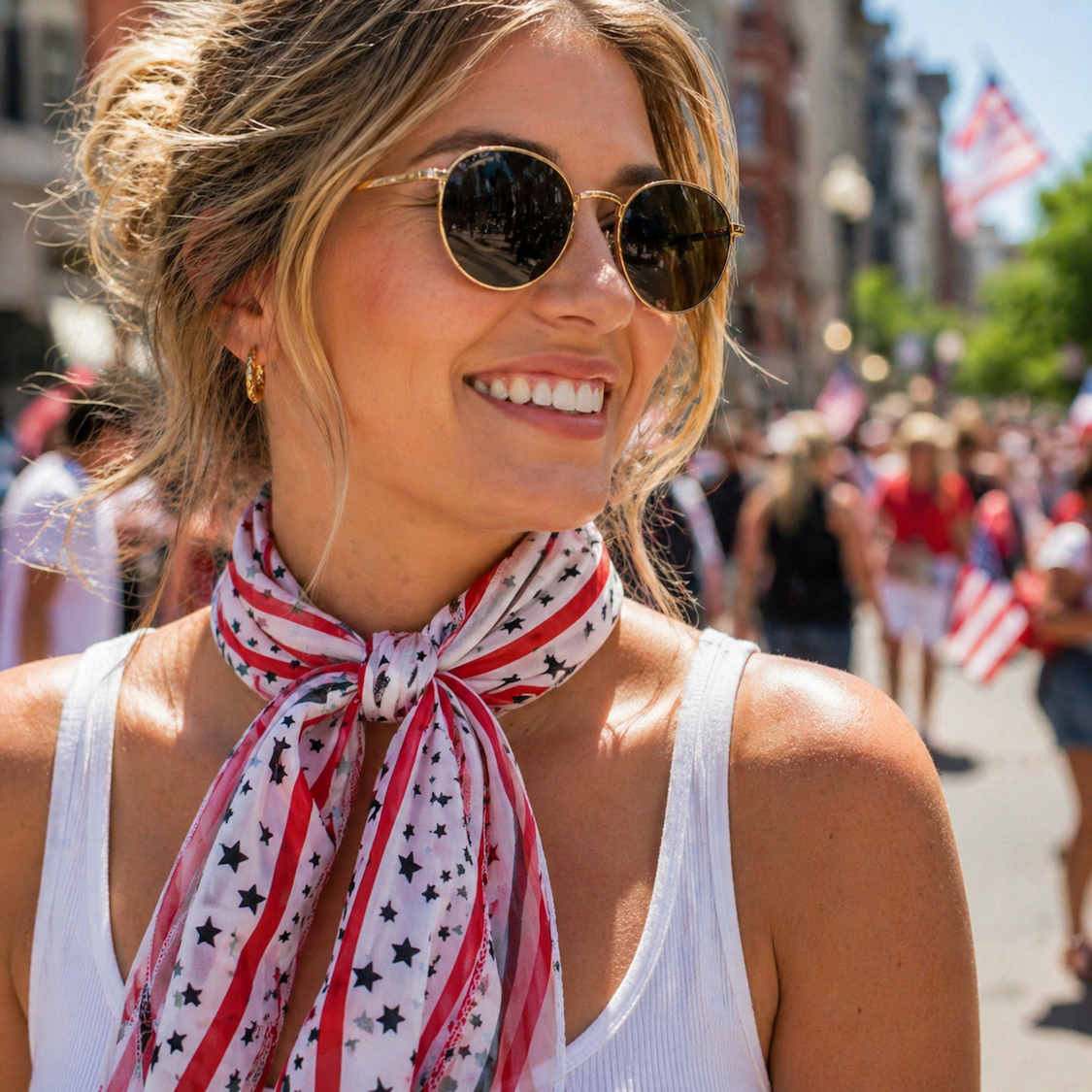 Woman wearing stars and stripes neck scarf
