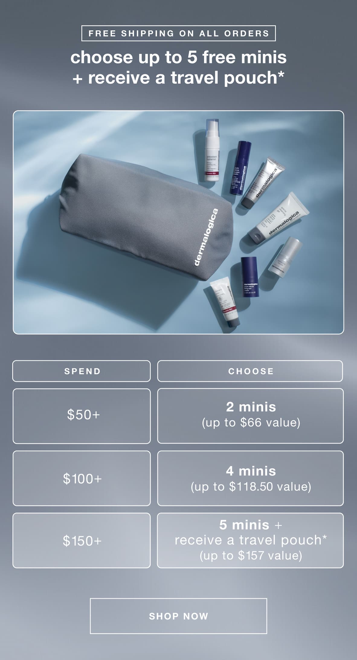 FREE SHIPPING ON ALL ORDERS | choose up to 5 free minis + receive a travel pouch | spend $50+ | choose 2 minis (up to $66 value) | spend $100+ | choose 4 minis (up to $118.50 value)  | spend $150+ | choose 5 minis + receive a free travel pouch (up to $157 value) | SHOP NOW