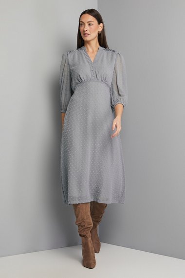 Dobby Pleat Detail Button Midi Dress