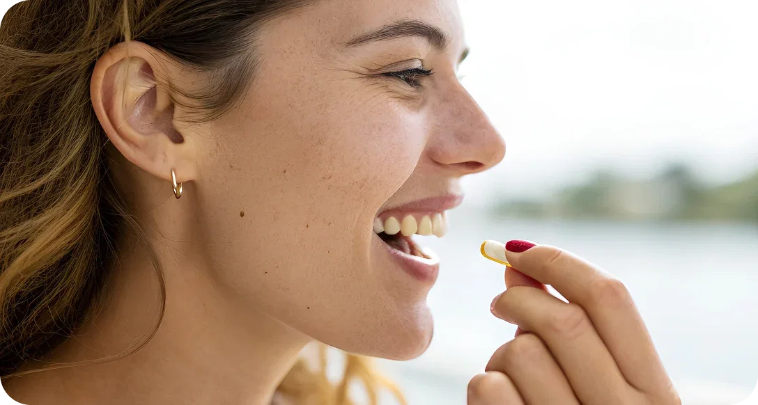 Woman smiling while taking a pill