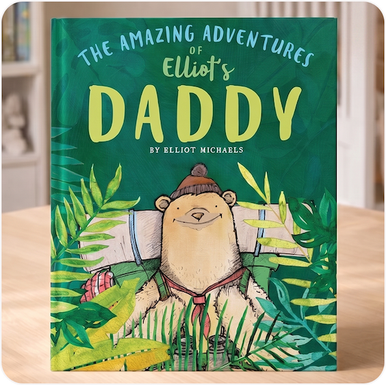 A personalised "The Amazing Adventures of Dad" book with an illustrated adventurer on the cover