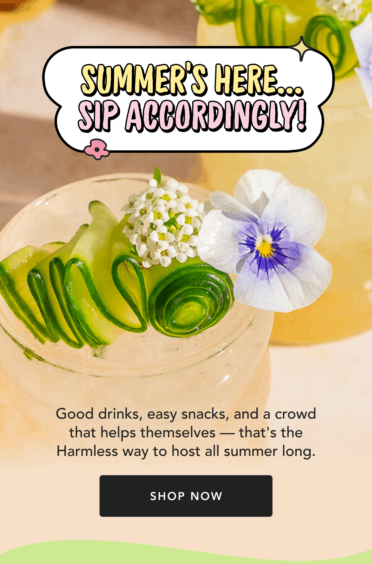 Summer's Here.. Sip accordingly | Good drinks, easy snacks, and a crowd that helps themselves — that's the Harmless way to host all summer long. | Shop Now