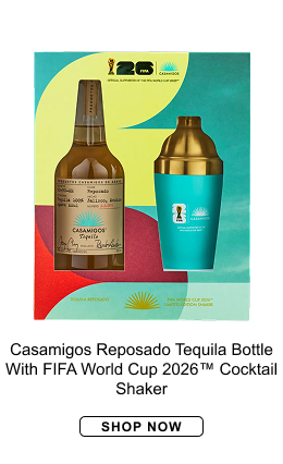 casamigos reposado tequila bottle with fifa world cup 2026™ cocktail shaker