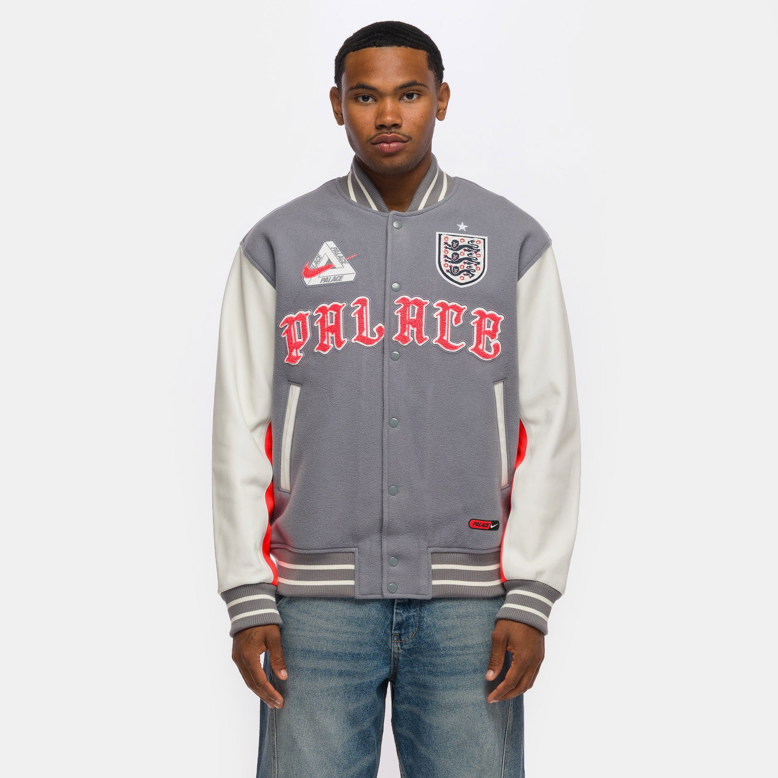 Image of Palace x England Varsity Jacket in Cool Grey/White/Bright Crimson