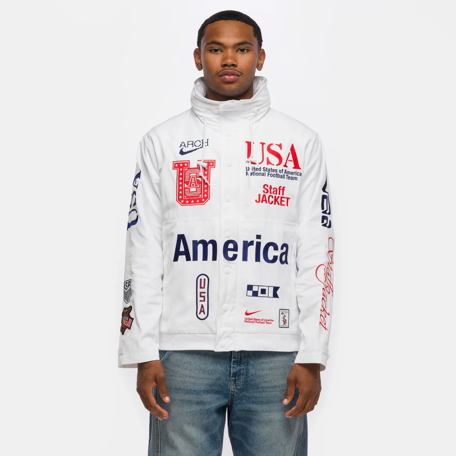 Image of V.A.A. x USA Woven Staff Jacket in White/Deep Royal Blue