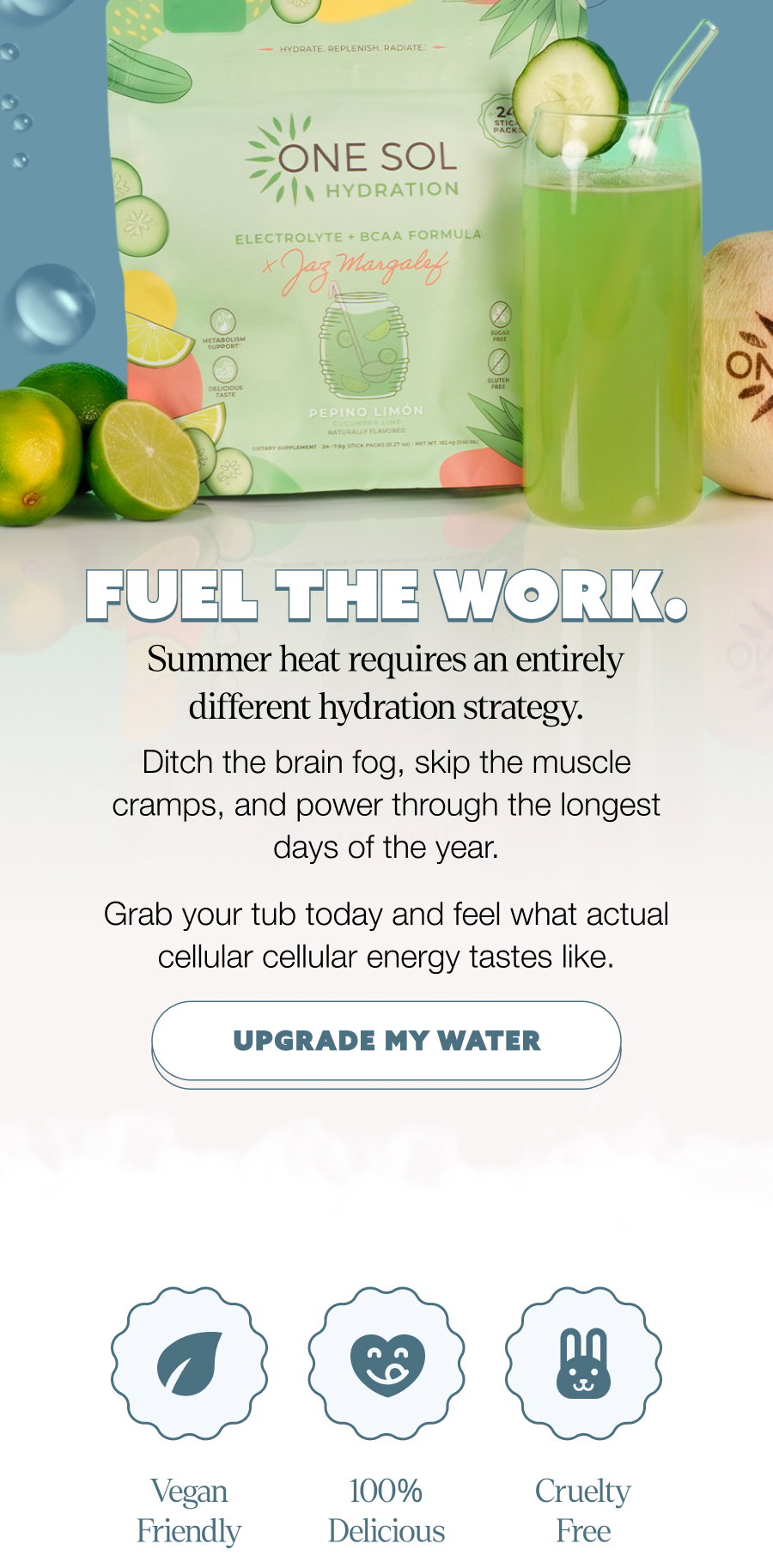 FUEL THE WORK. Summer heat requires an entirely different hydration strategy. Ditch the brain fog, skip the muscle cramps, and power through the longest days of the year. Grab your tub today and feel what actual cellular cellular energy tastes like. UPGRADE MY WATER