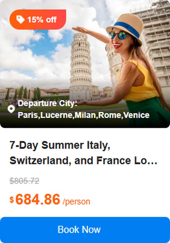 7-Day Summer Italy, Switzerland, and France Loop Tour: Paris, Lucerne, Milan, Venice, Rome, Florence, Nice 4.8 (30 reviews) Tour Code: 745434