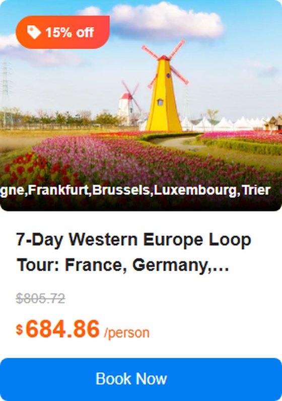 7-Day Western Europe Loop Tour: France, Germany, Netherlands, Belgium, Luxembourg 4.4 (9 reviews) Tour Code: 745431