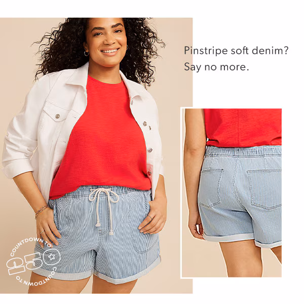 Pinstripe soft denim? Say no more. Countdown to 250. Model wearing maurices clothing.