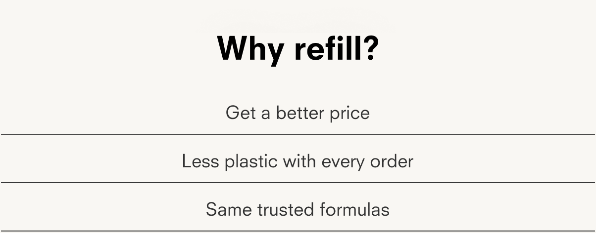 Why refill? Get a better price Less plastic with every order Same trusted formulas