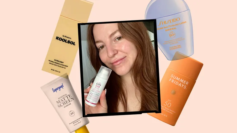 Image contains Allure senior staff writer Elizabeth Gulino with the EltaMD UV Clear Acne Blemish-Prone & Oil Balancing SPF 50, surrounded by a collage of the best mineral sunscreens