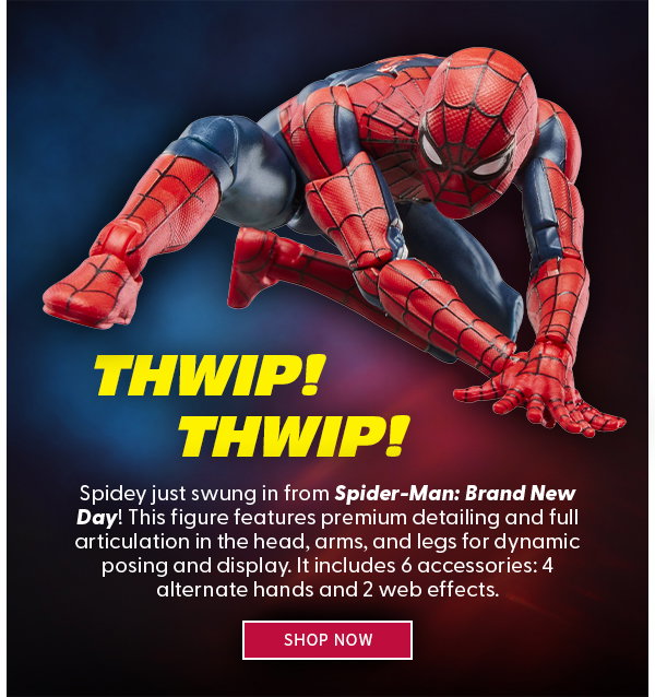 THWIP THWIP! Spidey just swung in from Spider-Man: Brand New Day! This figure features premium detailing and full articulation in the head, arms, and legs for dynamic posing and display. It includes 6 accessories: 4 alternate hands and 2 web effects. SHOP NOW 