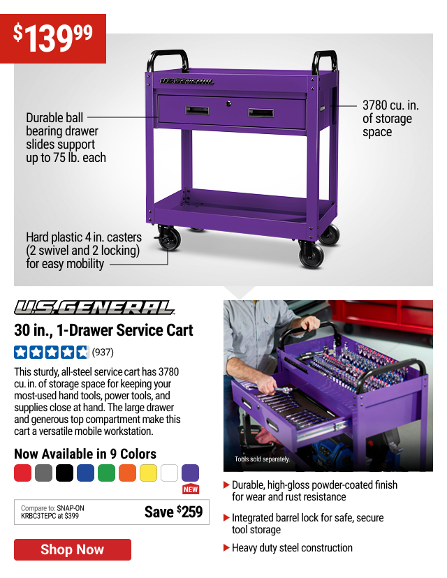 U.S. GENERAL 30 in., 1-Drawer Service Cart, Purple