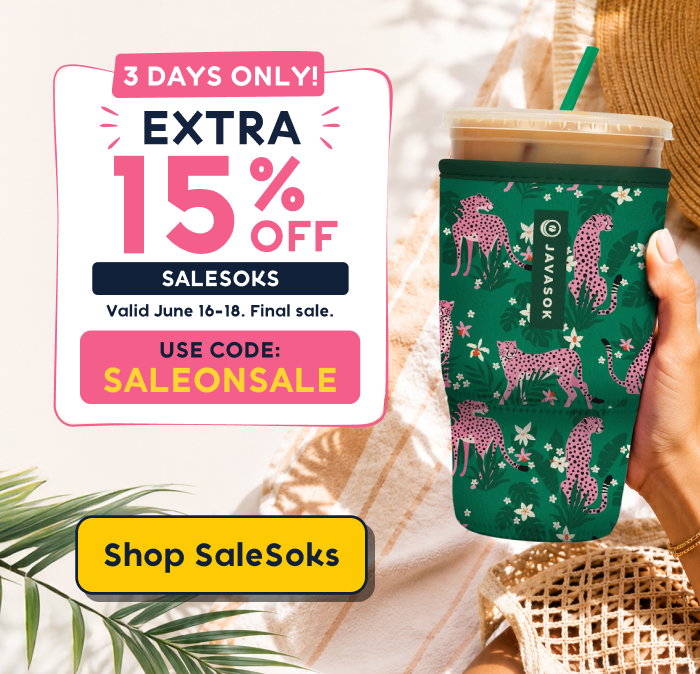 Summer promotional email featuring a green leopard-print JavaSok and extra 15% off sale offer.
