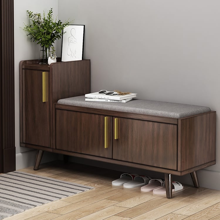 47" Black Walnut Wooden Shoe Storage Bench with 3 Doors & 5 Shelves for Entryway