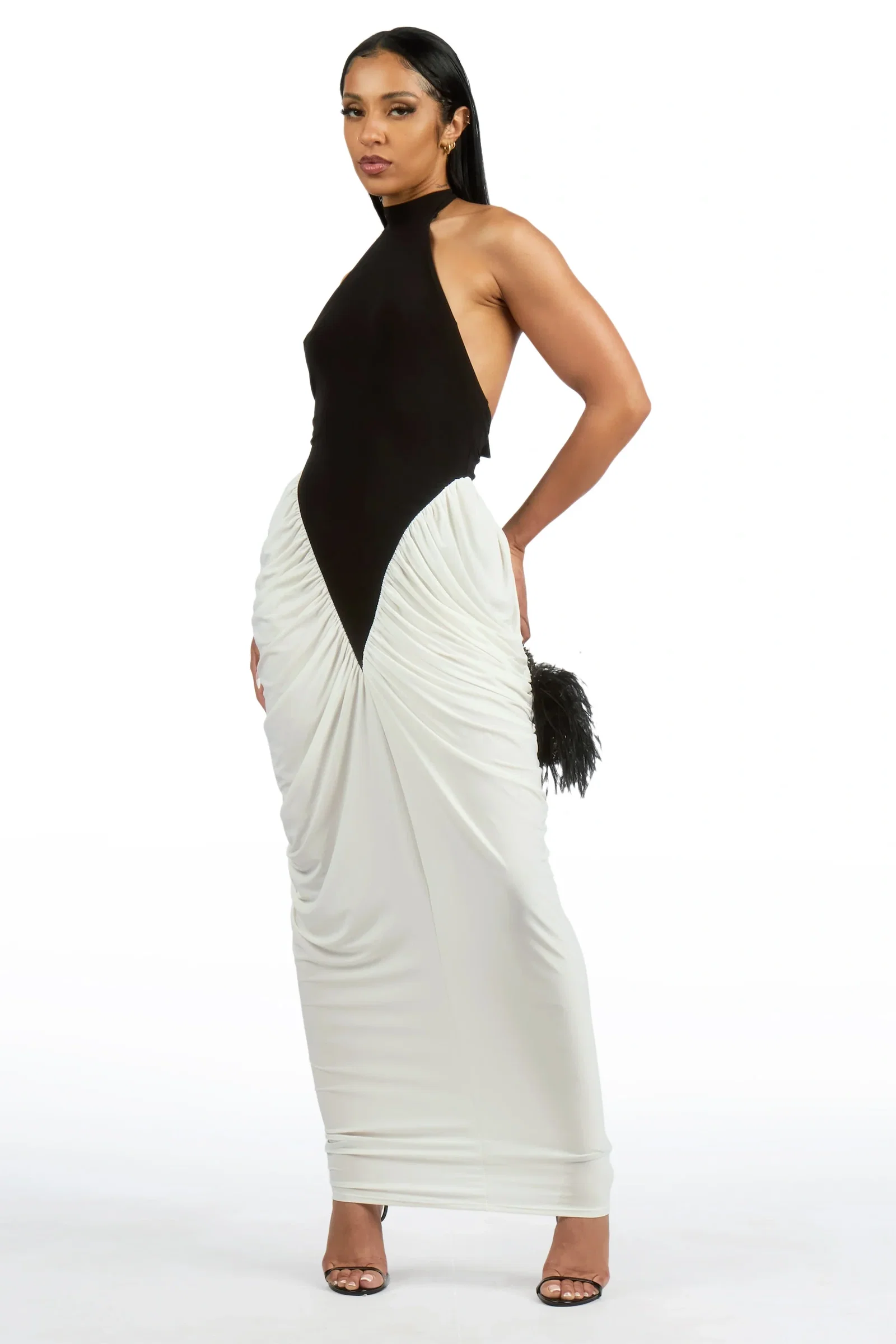 Image of Two-Toned Black/White Rouche Midi Dress