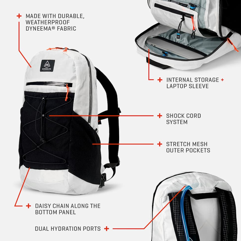 + MADE WITH DURABLE, WEATHERPROOF DYNEEMA® FABRIC.  + INTERNAL STORAGE + LAPTOP SLEEVE.  + SHOCK CORD SYSTEM.  + STRETCH MESH OUTER POCKETS.  + DAISY CHAIN ALONG THE BOTTOM PANEL.  + DUAL HYDRATION PORTS
