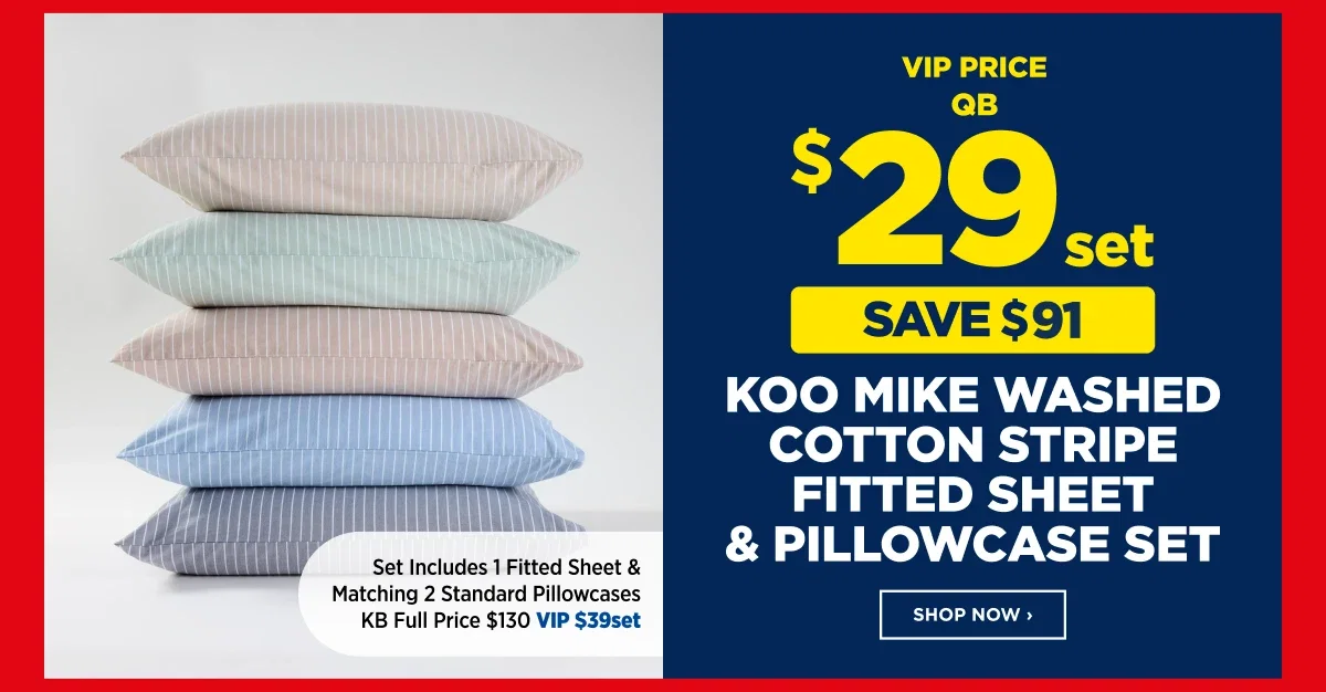 VIP $29set Koo Mike Washed Cotton Stripe Fitted Sheet & Pillowcase Set