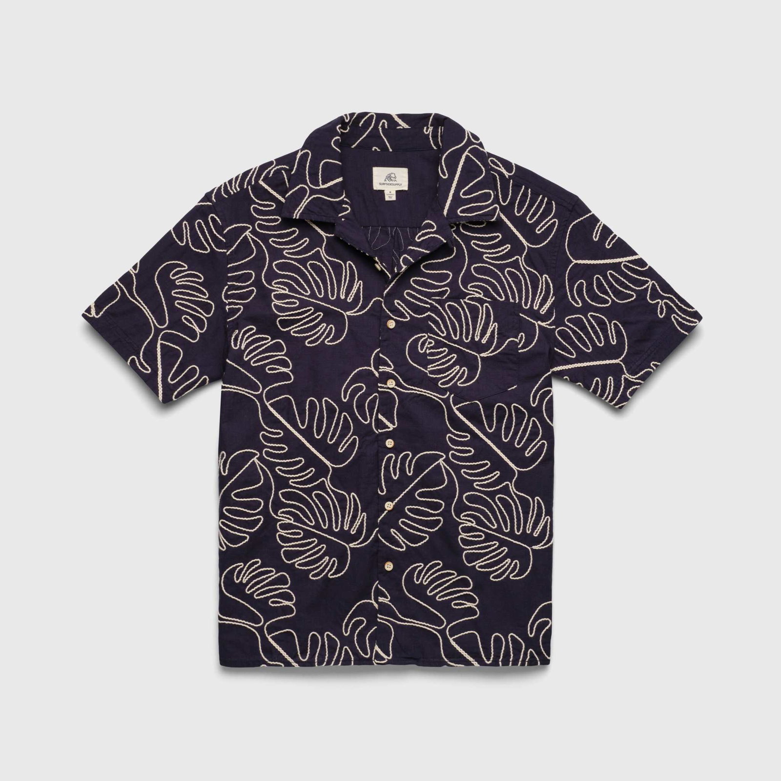 Image of Mariner All Over Leaf Embroidery Camp Collar Shirt - Navy Blazer