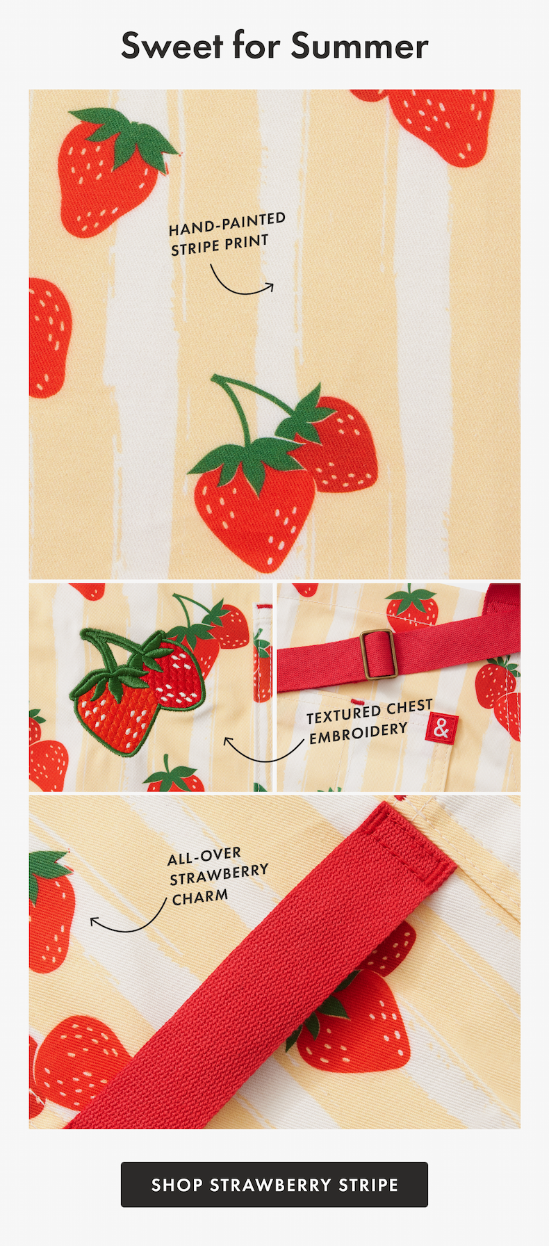 Sweet for Summer | Hand-Painted Stripe Print | Textured Chest Embroidery | All-Over Strawberry Charm | SHOP STRAWBERRY STRIPE