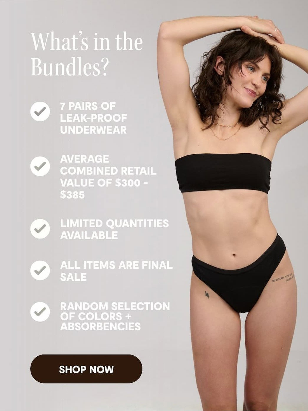 EACH BUNDLE INCLUDES 7 LEAKPROOF UNDIES IN A RANGE OF COLORS AND ABSORBENCIES