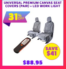 Universal Premium Canvas Seat Covers (Pair) + LED Work Light