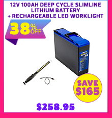 12V 100Ah Deep Cycle Slimline Lithium Battery + Rechargeable Lithium LED Worklight