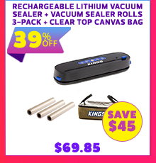 Rechargeable Lithium Vacuum Sealer + Vacuum Sealer Rolls 3-Pack + Clear Top Canvas Bag