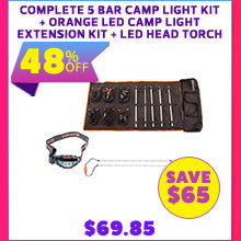 Complete 5 Bar Camp Light Kit + Orange LED Camp Light Extension Kit + Illuminator LED Head Torch