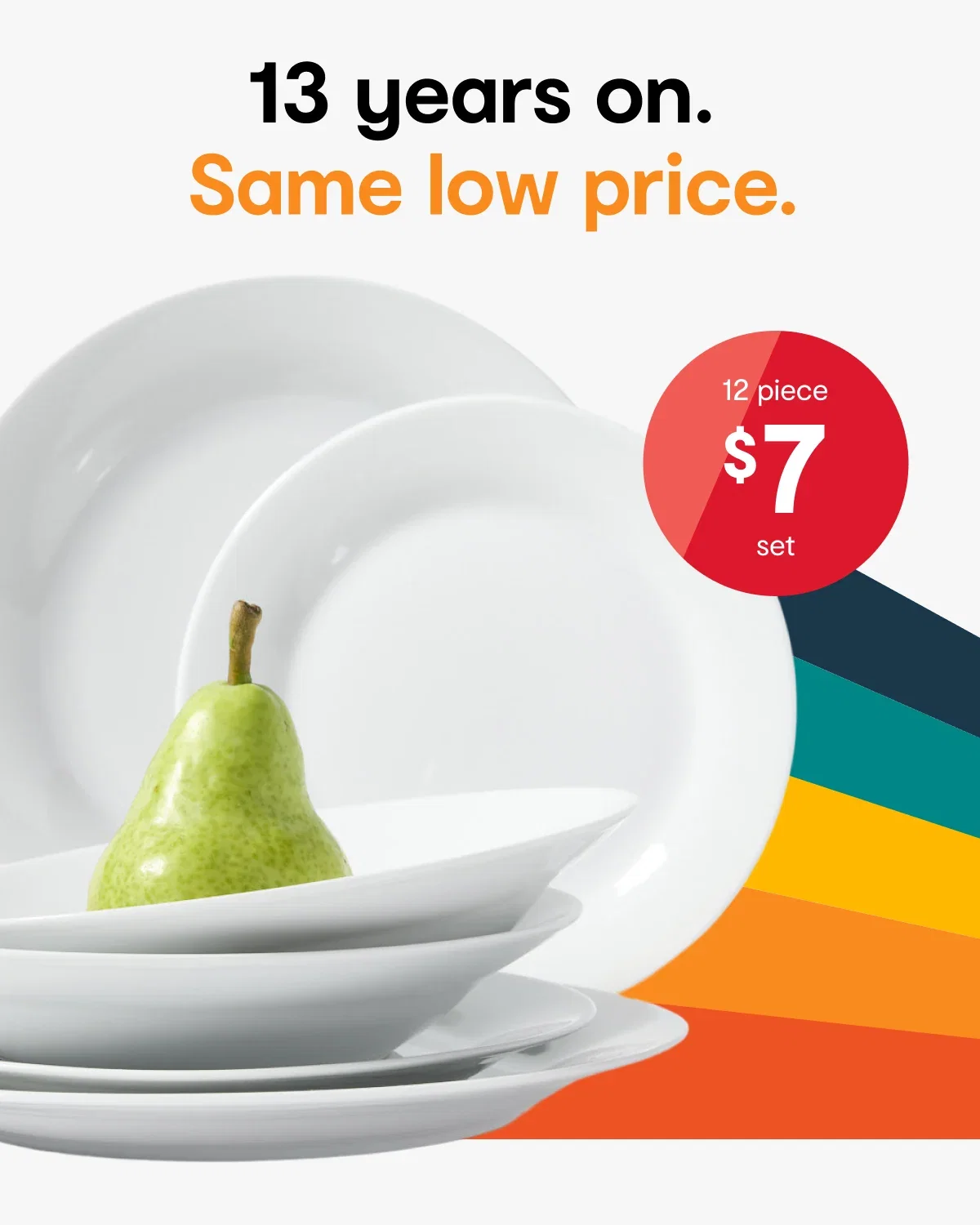 White 12 piece dinner set. Was $7 in 2013, still $7.