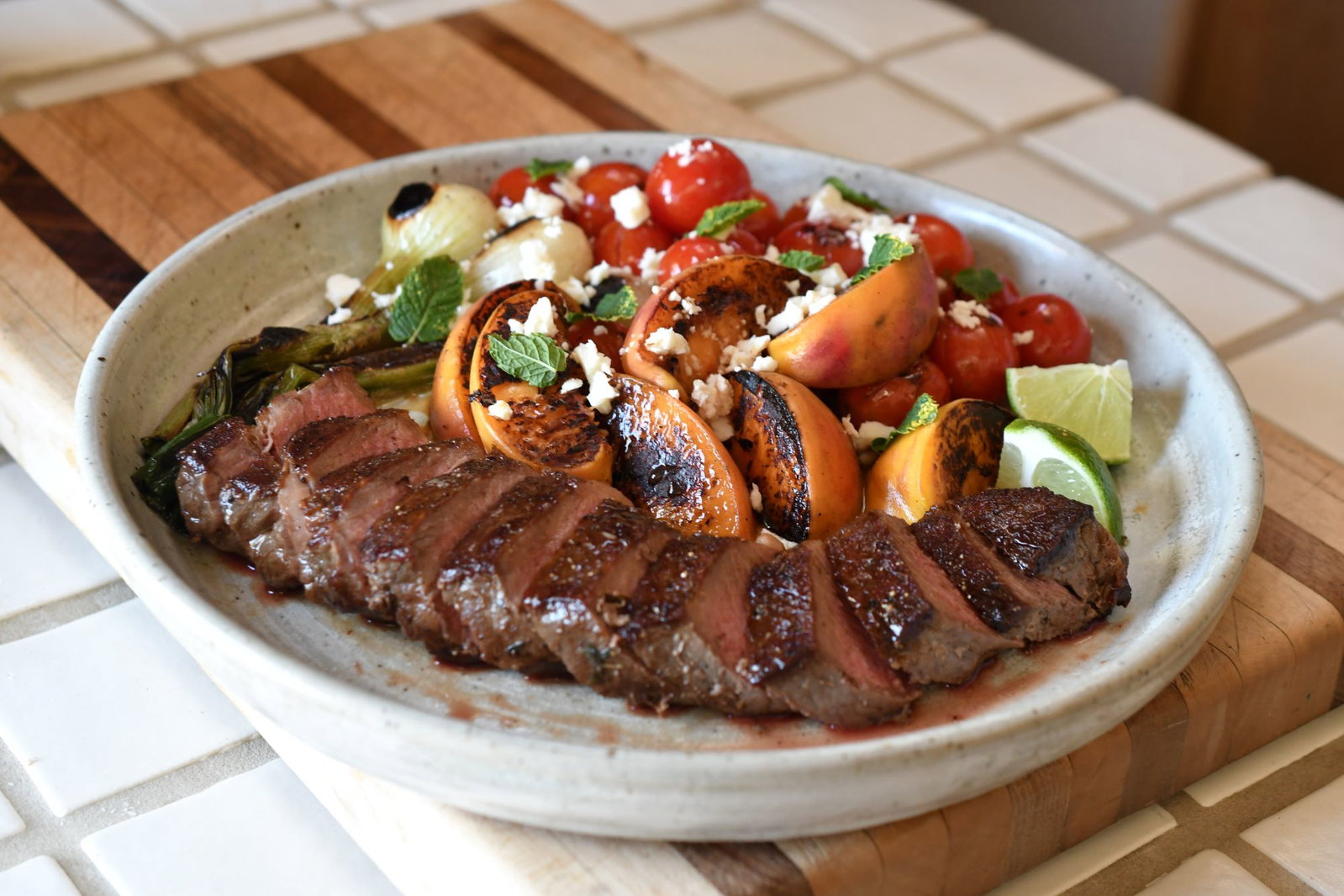 New York Steak with Charred Peaches Summer Salad