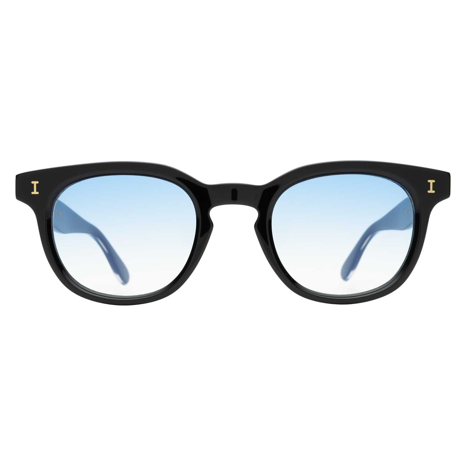 This is a product image of a pair of rectangular sunglasses in black with blue gradient lenses