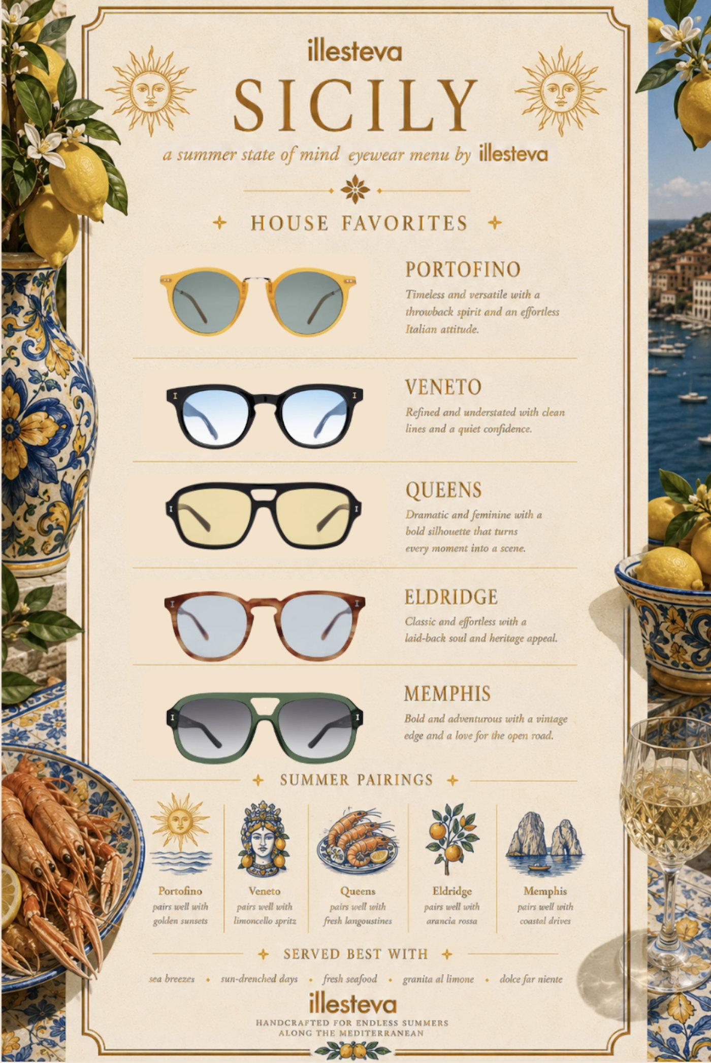 A menu of different sunglass recommendations for travels to Sicily