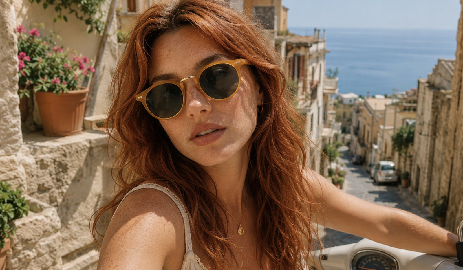 A woman wearing the round Portofino sunglasses in Sicily