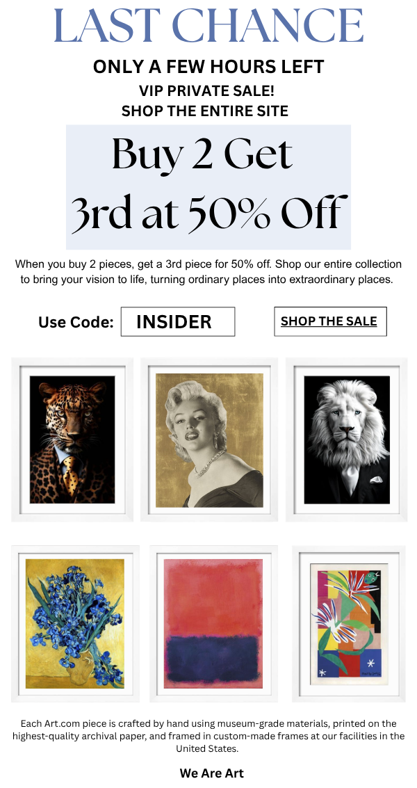 Last Chance: Only a Few Hours Left! VIP Private Sale, Shop the Entire Site - Buy 2 Get 3rd at 50% Off. When you buy 2 pieces, get a 3rd piece for 50% off. Shop our entire collection to bring your vision to life, turning ordinary places into extraordinary places. Use Code: INSIDER