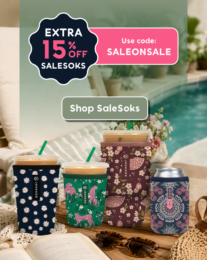SaleSoks drinkware collection displayed poolside with a 15% off promotional offer.