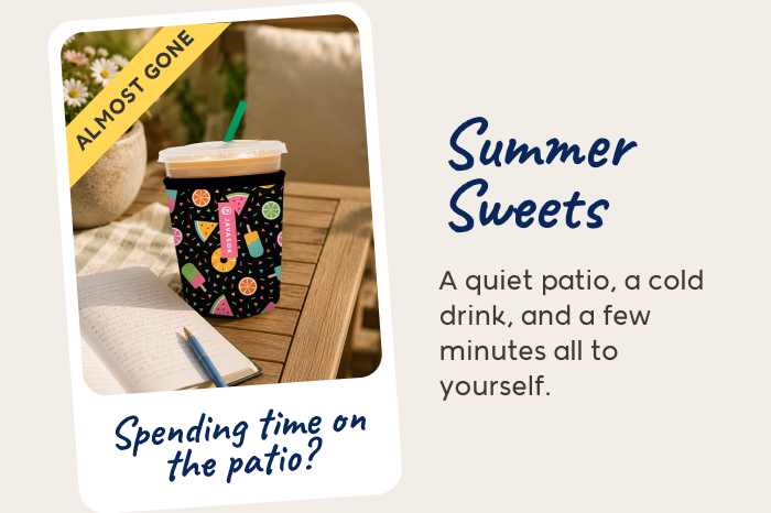 Patterned can cooler on a patio table with an “Almost Gone” label.