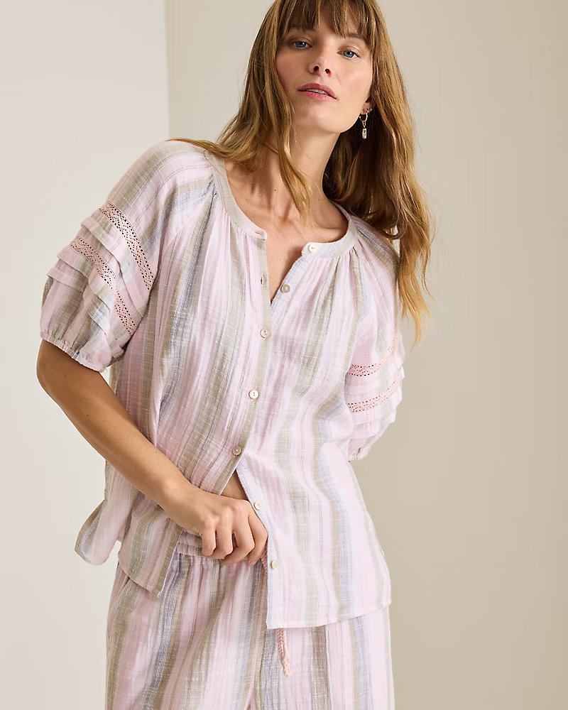 Image of Island Gauze Stripe Puff-Sleeve Top