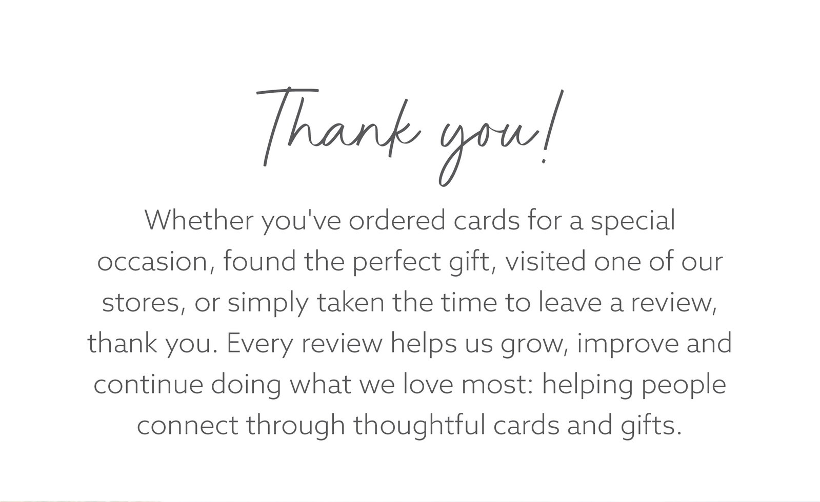 Thank you message from Whistlefish expressing gratitude to customers for their orders, visits and reviews.