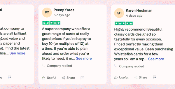 Real customer reviews highlighting Whistlefish's five star service, quality cards and thoughtful gifts.