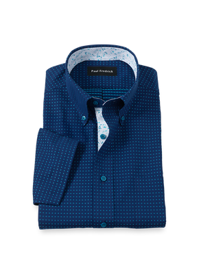 Non-Iron Cotton Dot Dress Shirt With Contrast Trim - Navy/teal-Classic Fit / 17.5