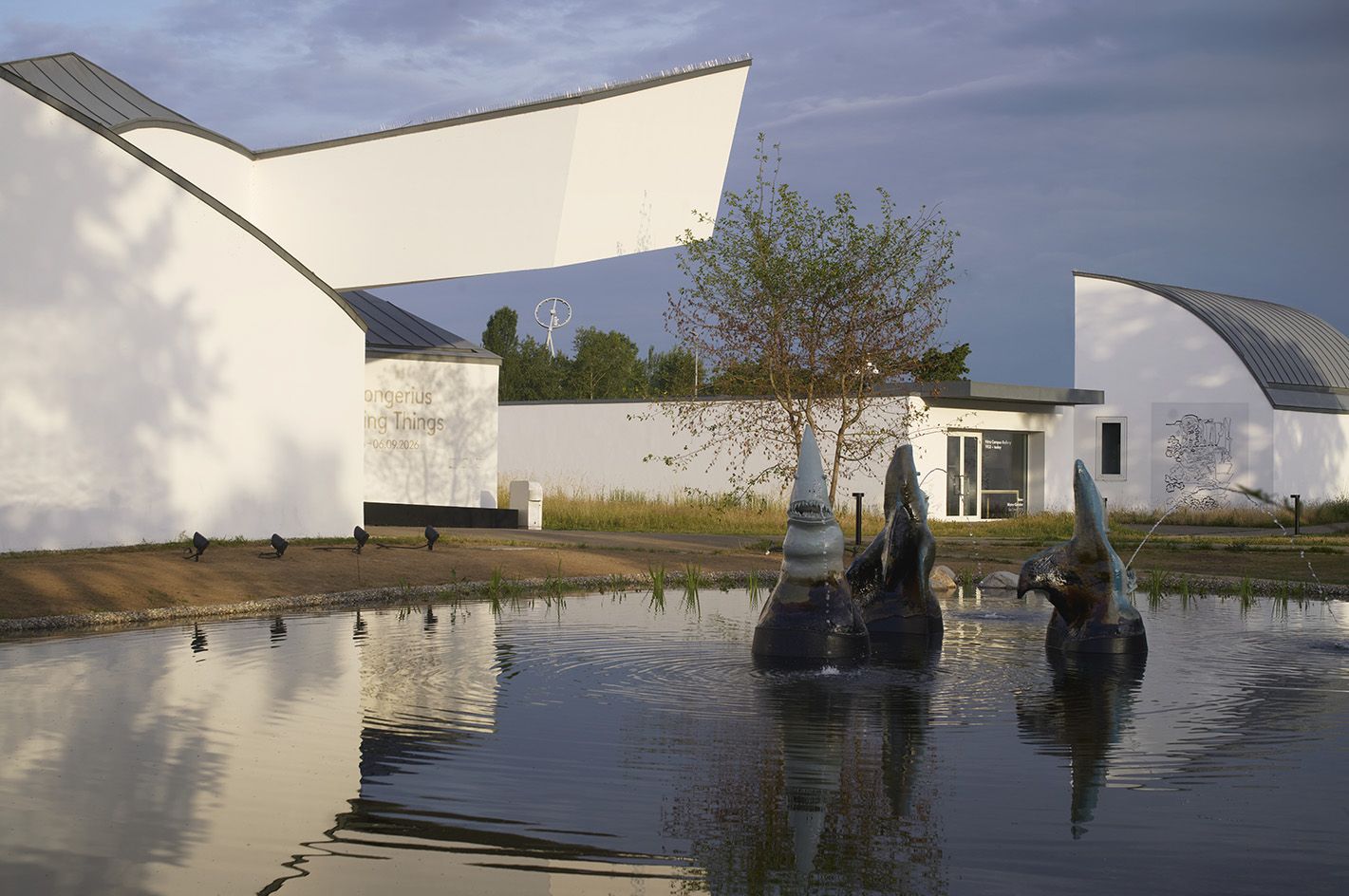 Pond with shark-like sculptures on the Vitra campus
